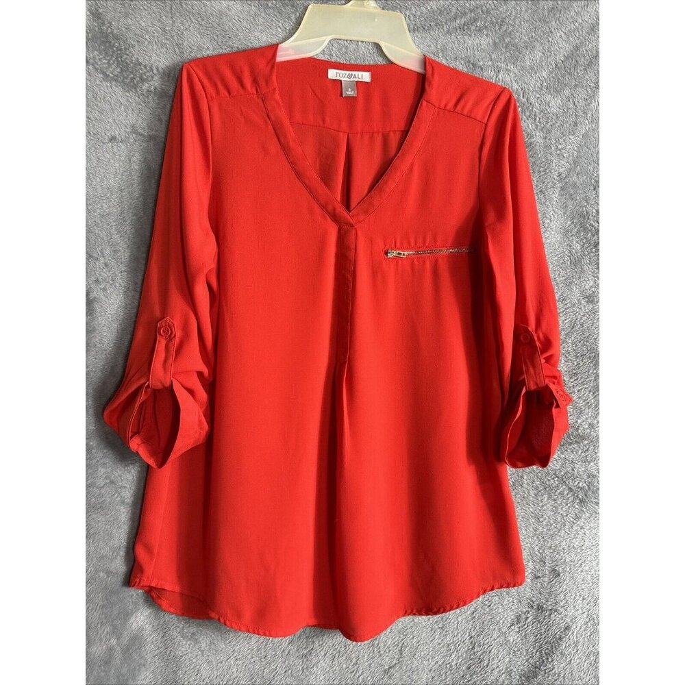Roz & Ali Top Woman’s Small Red Blouse V Neck Shirt - Picture 1 of 16